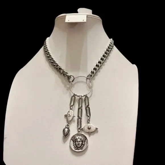 Ancient Greek Coin Medusa Medallion Lariat Steel Necklace - Picture 3 of 7